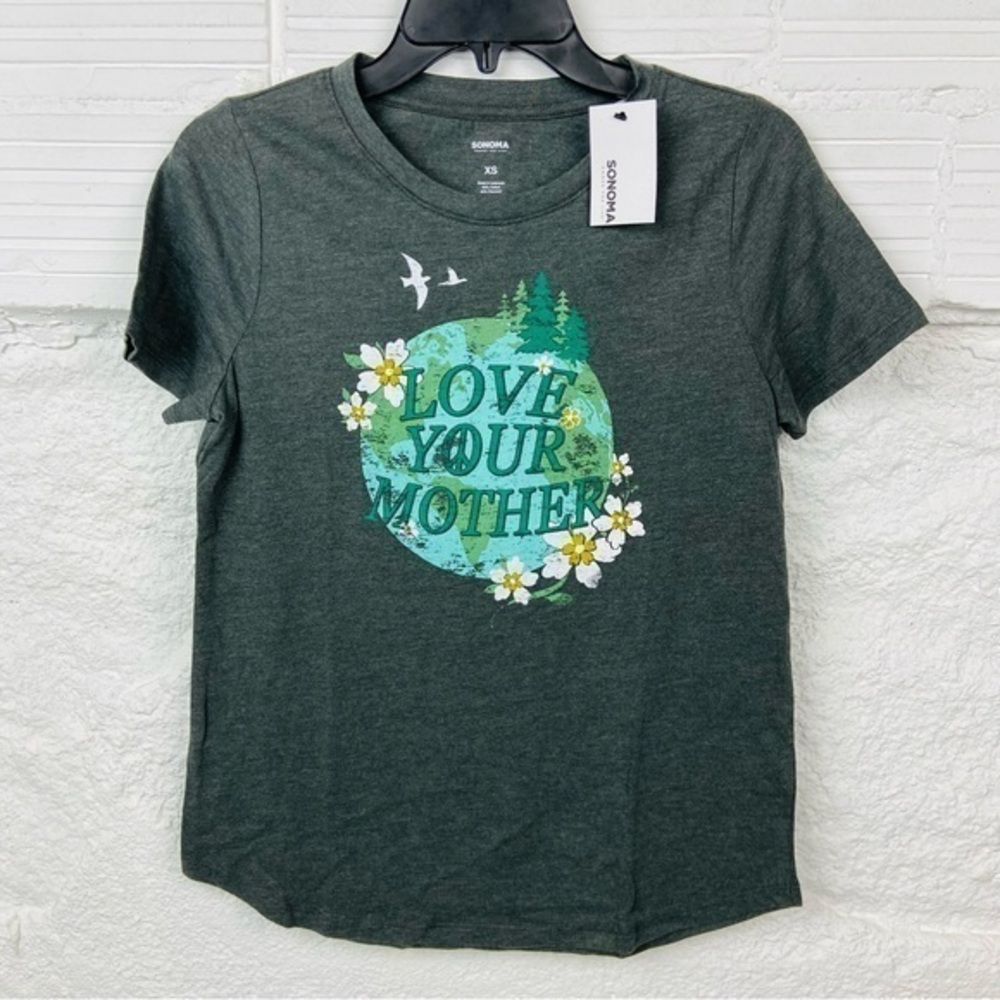 NWT SONOMA LOVE YOUR MOTHER, mother earth gray floral short sleeve shirt size XS